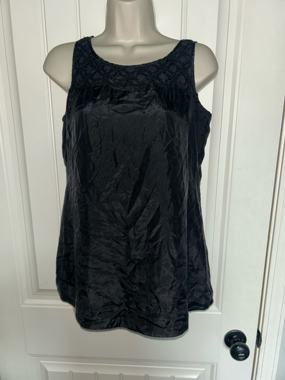 NEW Eileen Fisher Silk Black Sleeveless Crochet Yoke Tank Top Sz XS